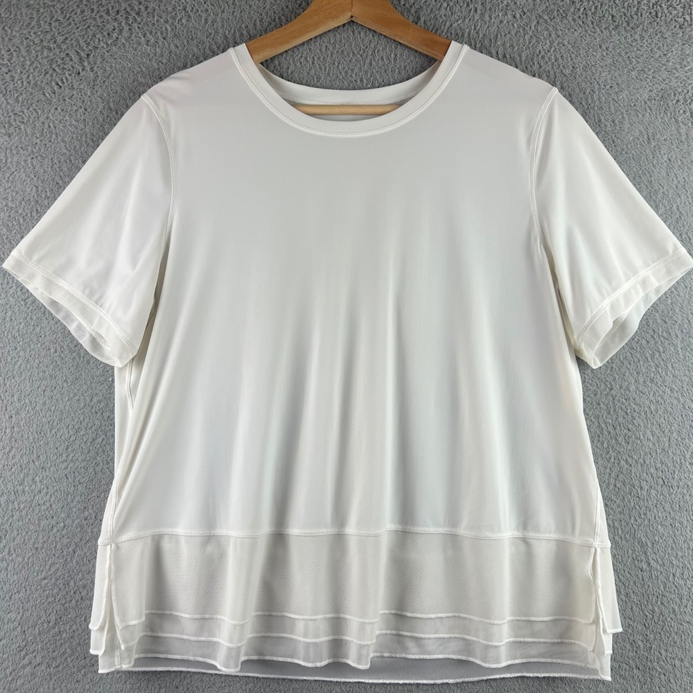 Lululemon White Short Sleeve Mesh Tiered Hem Athletic Top Size 10